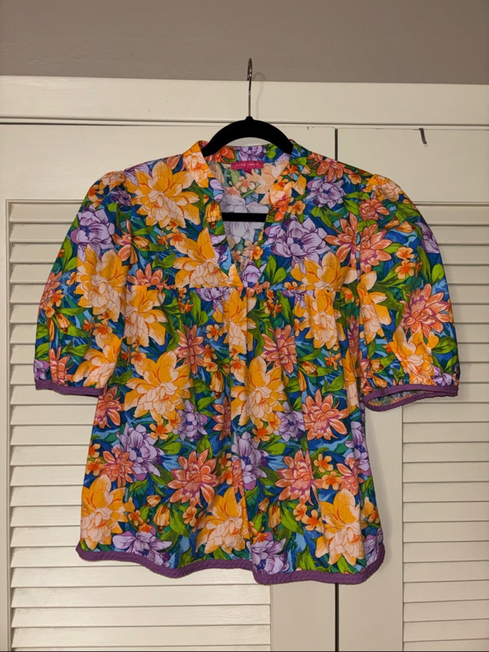 Floral Puff-Sleeve Blouse in Yellow & Purple